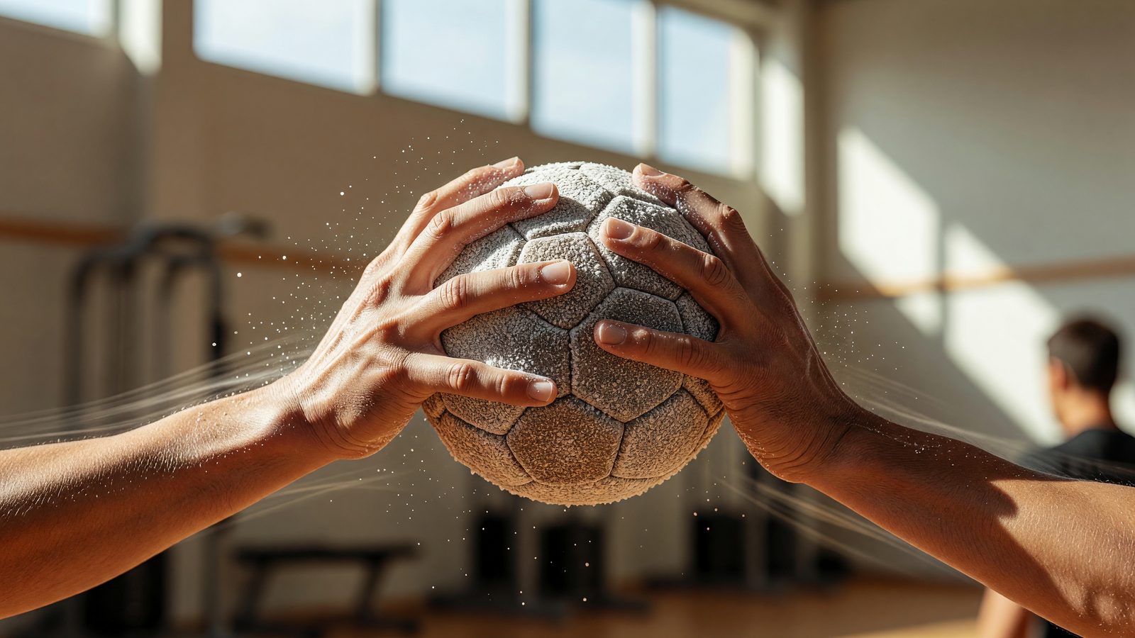 Gros plan sur des mains couvertes de résine blanche agrippant un ballon de handball en pleine lumière du jour