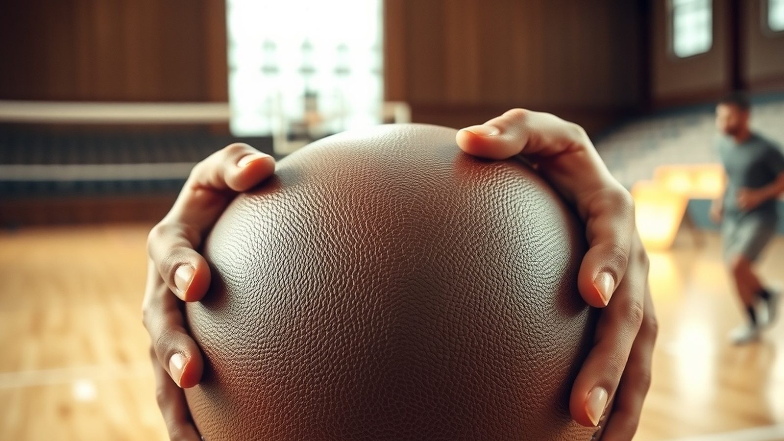 Gros plan sur des mains serrant un ballon de handball dans la lumière naturelle d'une salle de sport.