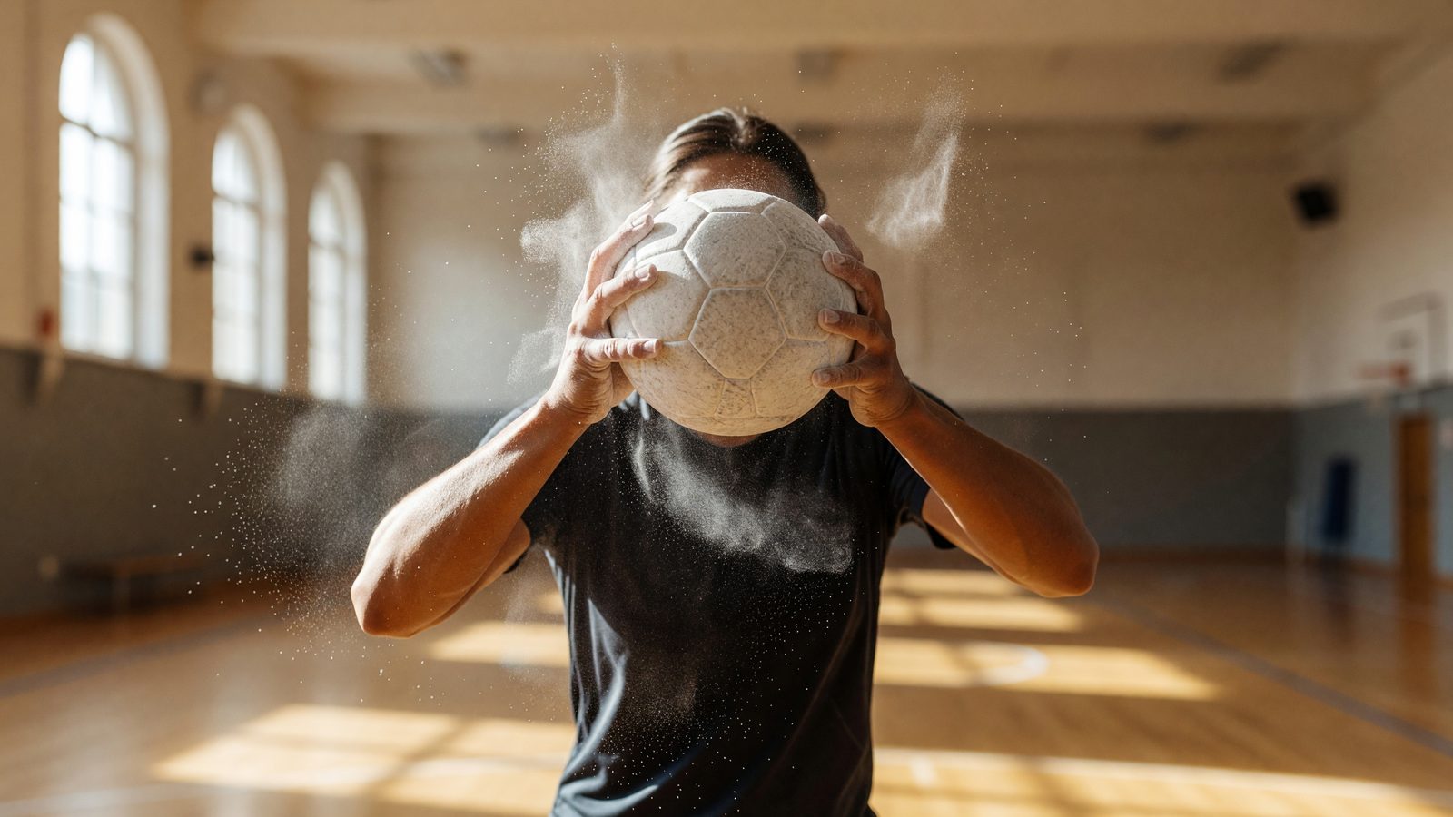 Des mains serrant un ballon de handball avant un tir, dans une salle baignée de lumière du jour