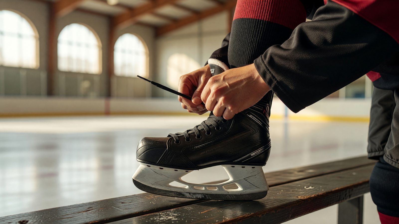 Des mains lacent un patin à glace au bord de la patinoire avant un entraînement du Metz Hockey Club