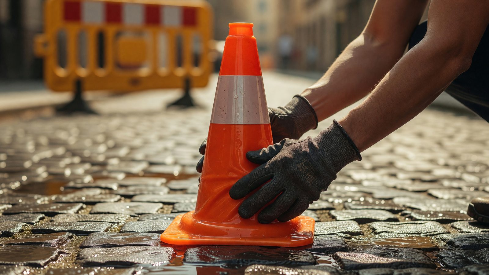 Mains gantées déplaçant un cône de signalisation orange sur une rue pavée, en plein jour.