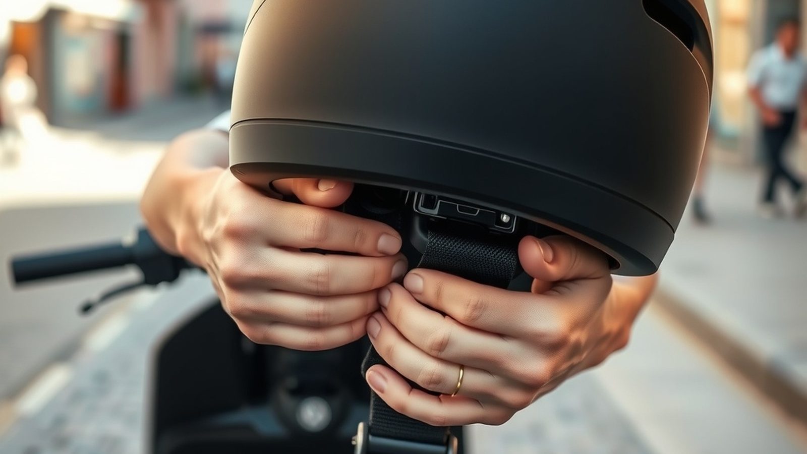 Des mains attachent la sangle d'un casque avant de monter sur une trottinette électrique dans une rue pavée du centre-ville