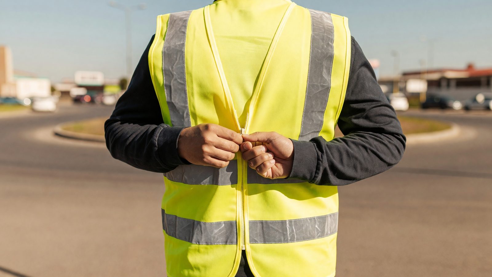 Gros plan sur des mains ajustant un gilet jaune réfléchissant en plein jour, avant un rassemblement dans les rues de Metz.