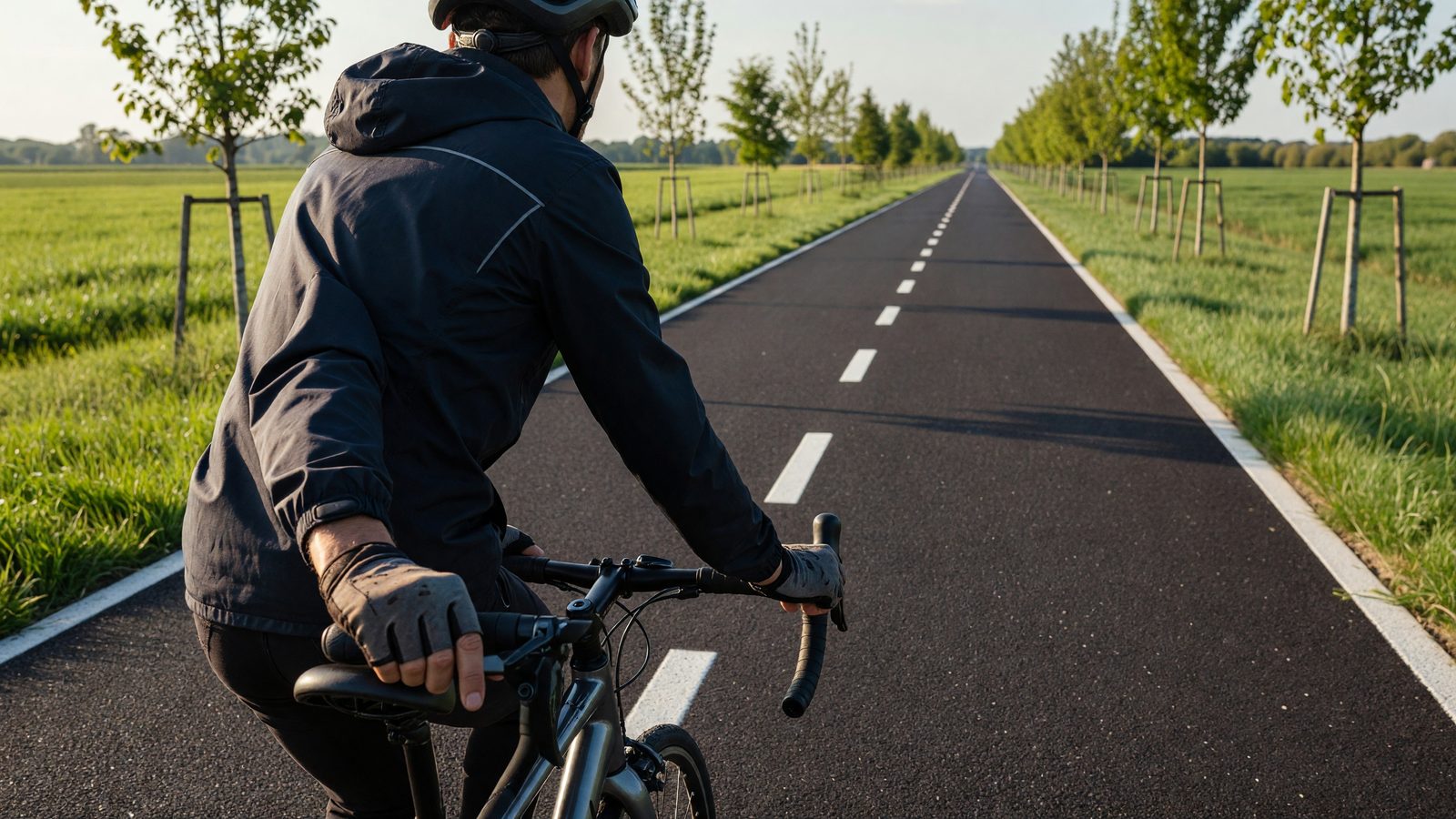 Gros plan sur des mains tenant un guidon de vélo sur une voie verte nouvellement aménagée, bordée d'herbe, un jour de beau temps