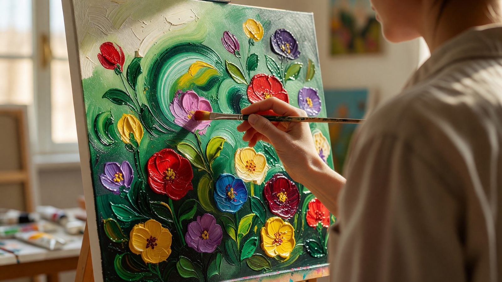 Gros plan sur une main appliquant de la peinture colorée sur une toile représentant des feuilles et des fleurs enchevêtrées