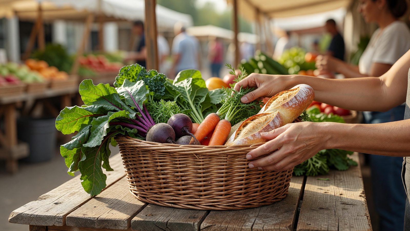Un étal de marché garni de légumes de saison et de pain, en pleine lumière du matin.