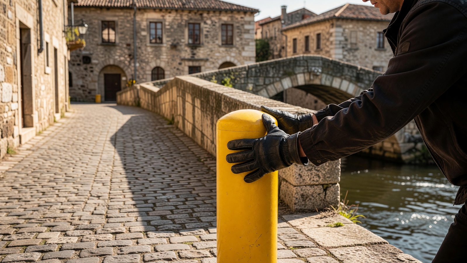 Gros plan sur des mains posant un potelet amovible à l'entrée d'une rue pavée du centre de Metz, près d'un pont de pierre.