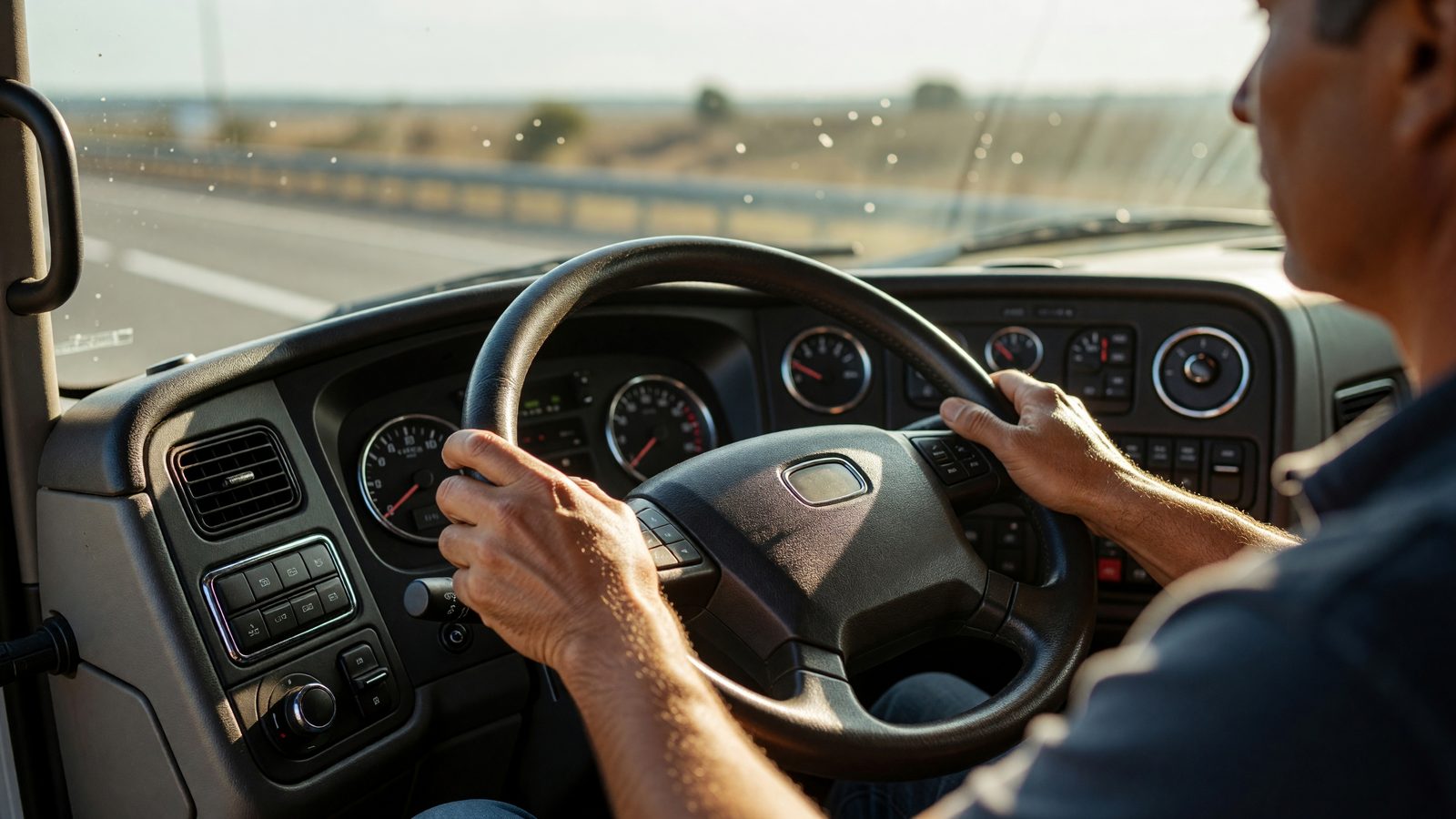 Gros plan sur les mains d'un chauffeur posées sur le volant d'un poids lourd, à l'intérieur de la cabine, en lumière du jour.