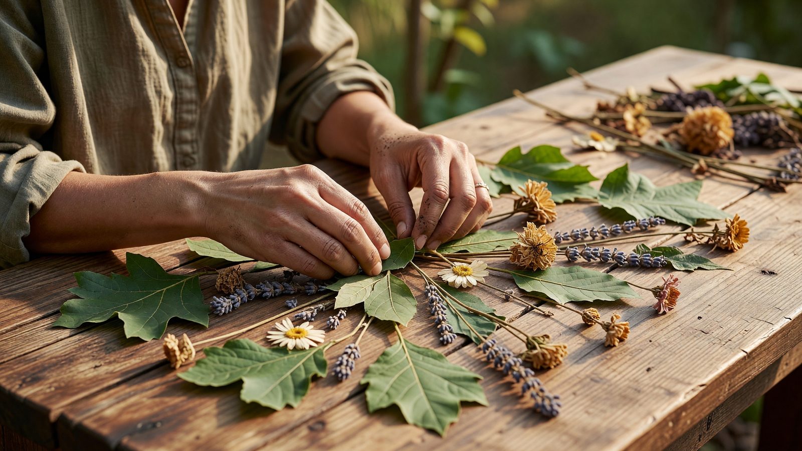 Des mains disposent des feuilles et des fleurs séchées sur une table en bois, dans le cadre d'un atelier créatif en plein air
