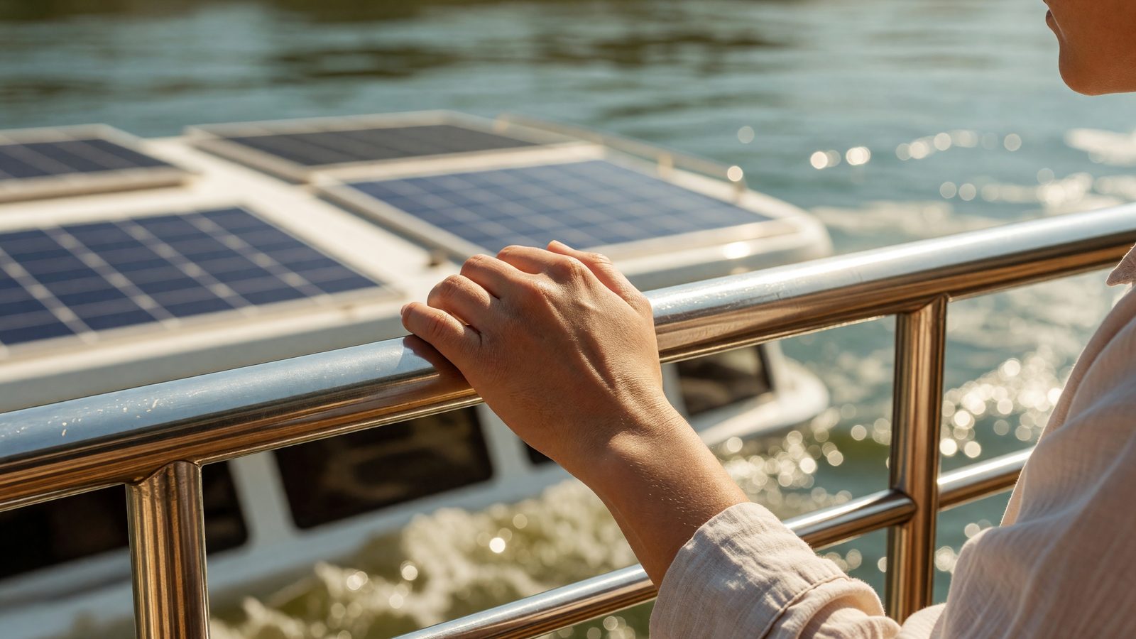 Une main posée sur le garde-corps d'un bateau électrique sur la Moselle, panneaux solaires en arrière-plan, en pleine lumière du jour à Metz.