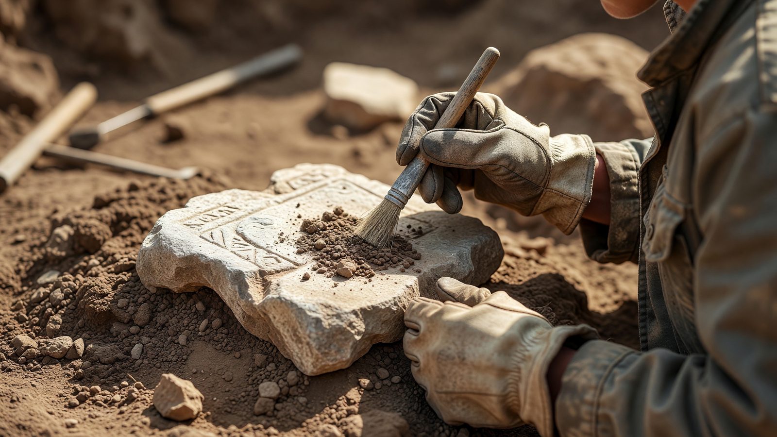 Gros plan sur une main gantée dégageant à la brosse un fragment de pierre ancienne lors d'une fouille archéologique, en plein jour.
