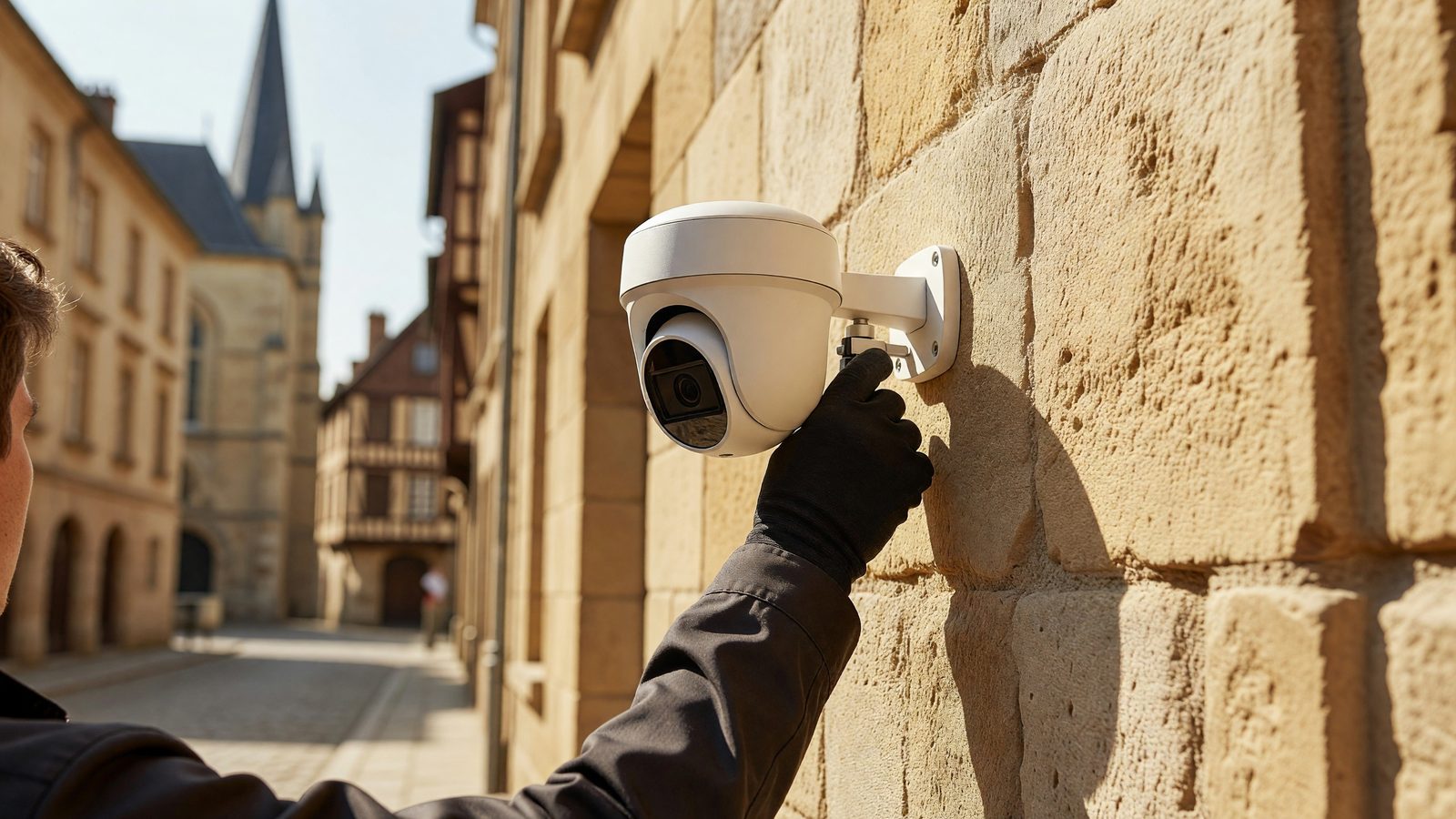 Gros plan sur une main fixant une caméra de vidéoprotection sur une façade en pierre de Metz, en pleine lumière du jour