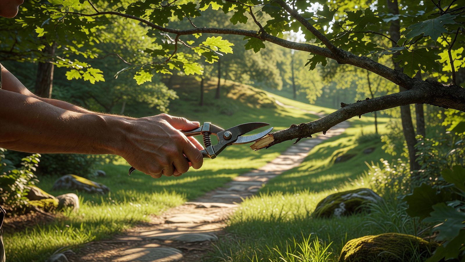 Des mains taillent une branche avec un sécateur sur un chemin forestier ensoleillé du Mont Saint-Quentin