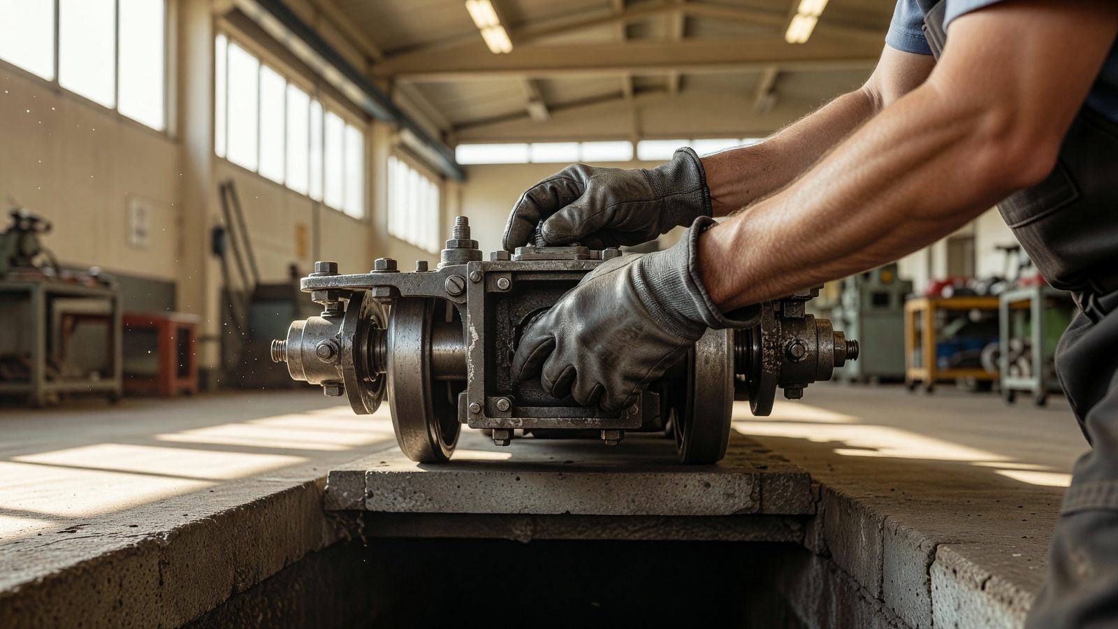 Mains gantées d'un technicien examinant le bogie d'une rame TER dans un atelier de maintenance baigné de lumière naturelle