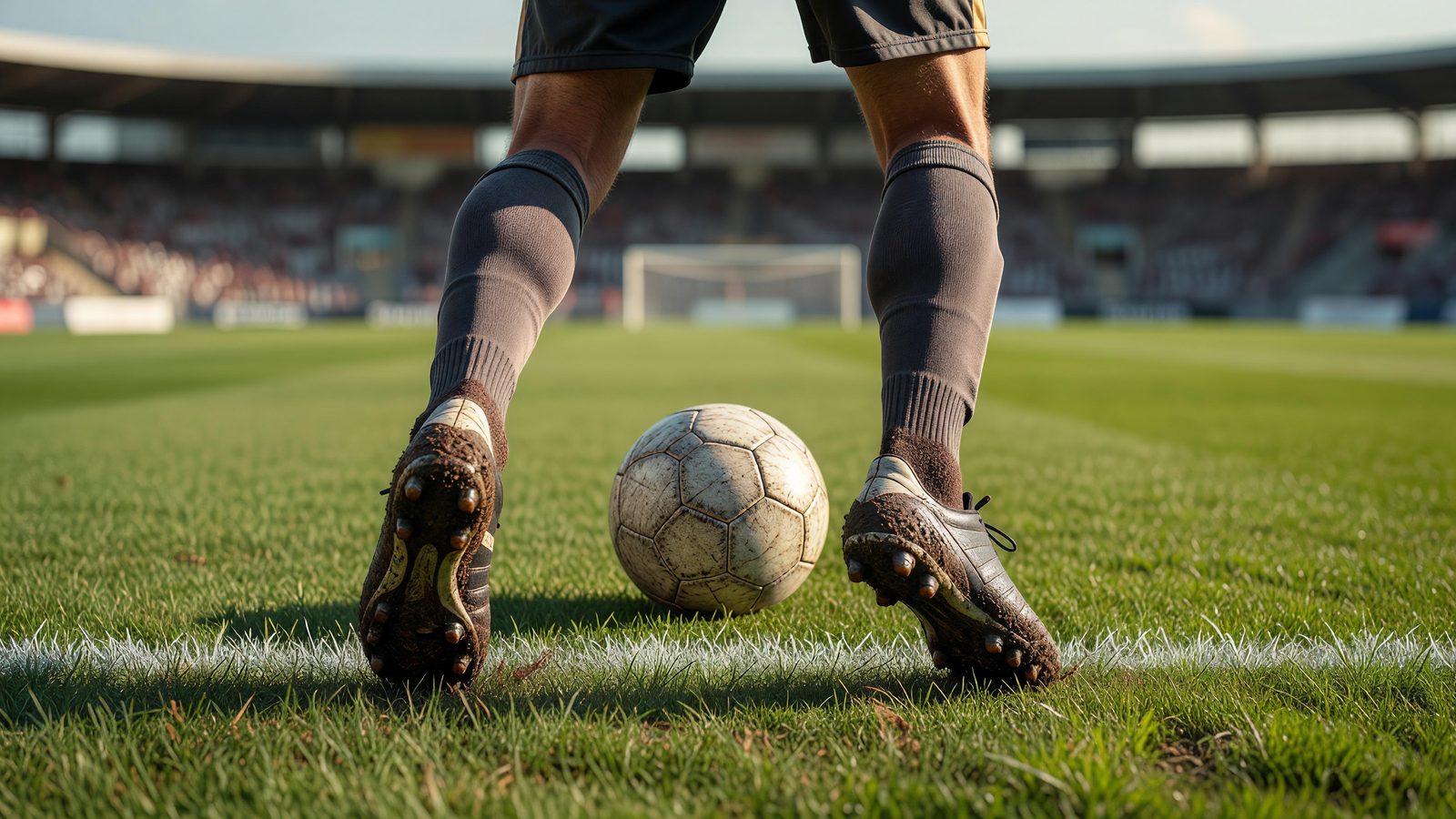 Des chaussures de football et un ballon posés sur l'herbe verte d'un stade, au bord de la ligne de touche, en pleine lumière du jour