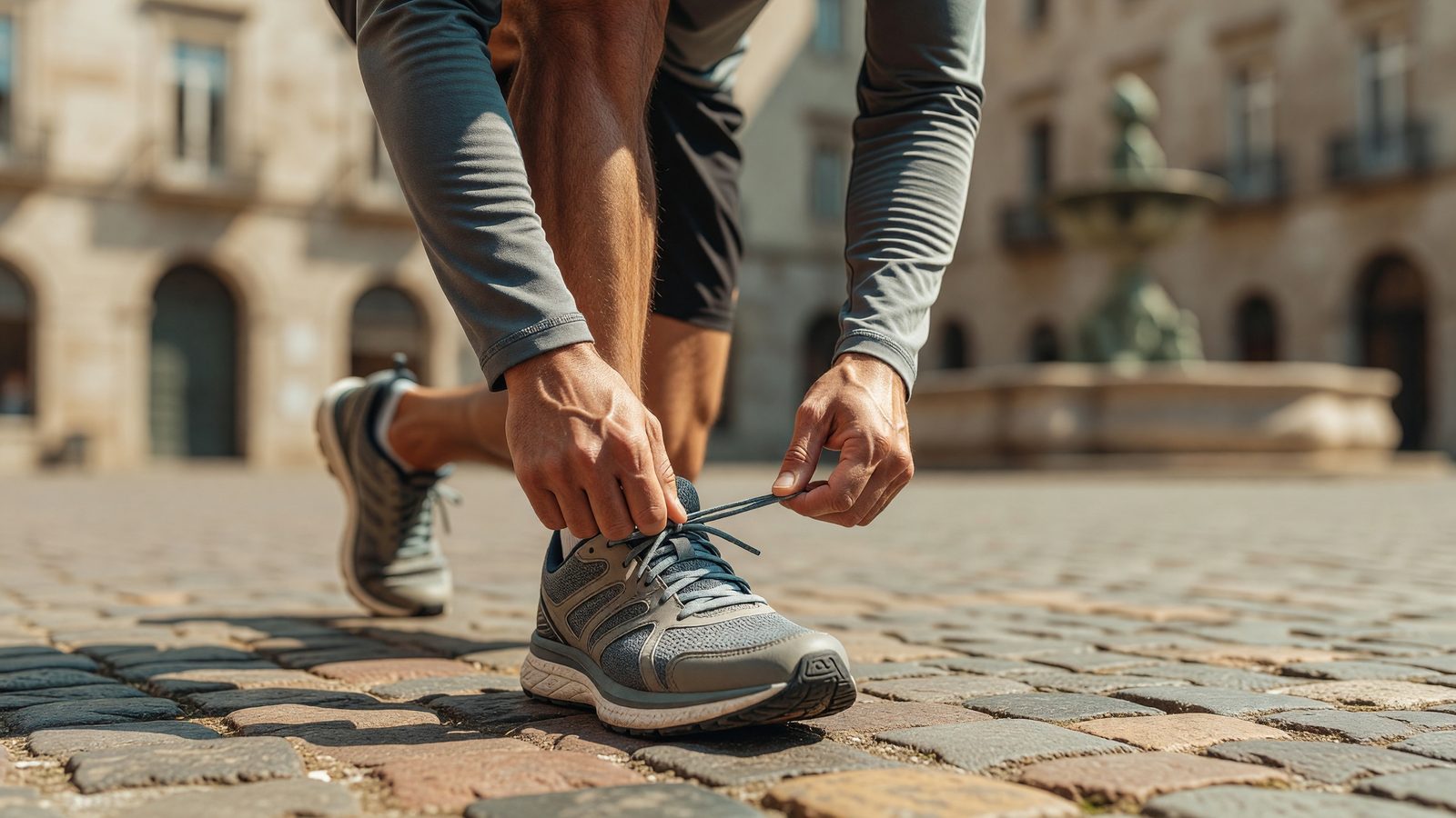 Gros plan sur des mains qui lacent des chaussures de course avant un départ, en plein jour