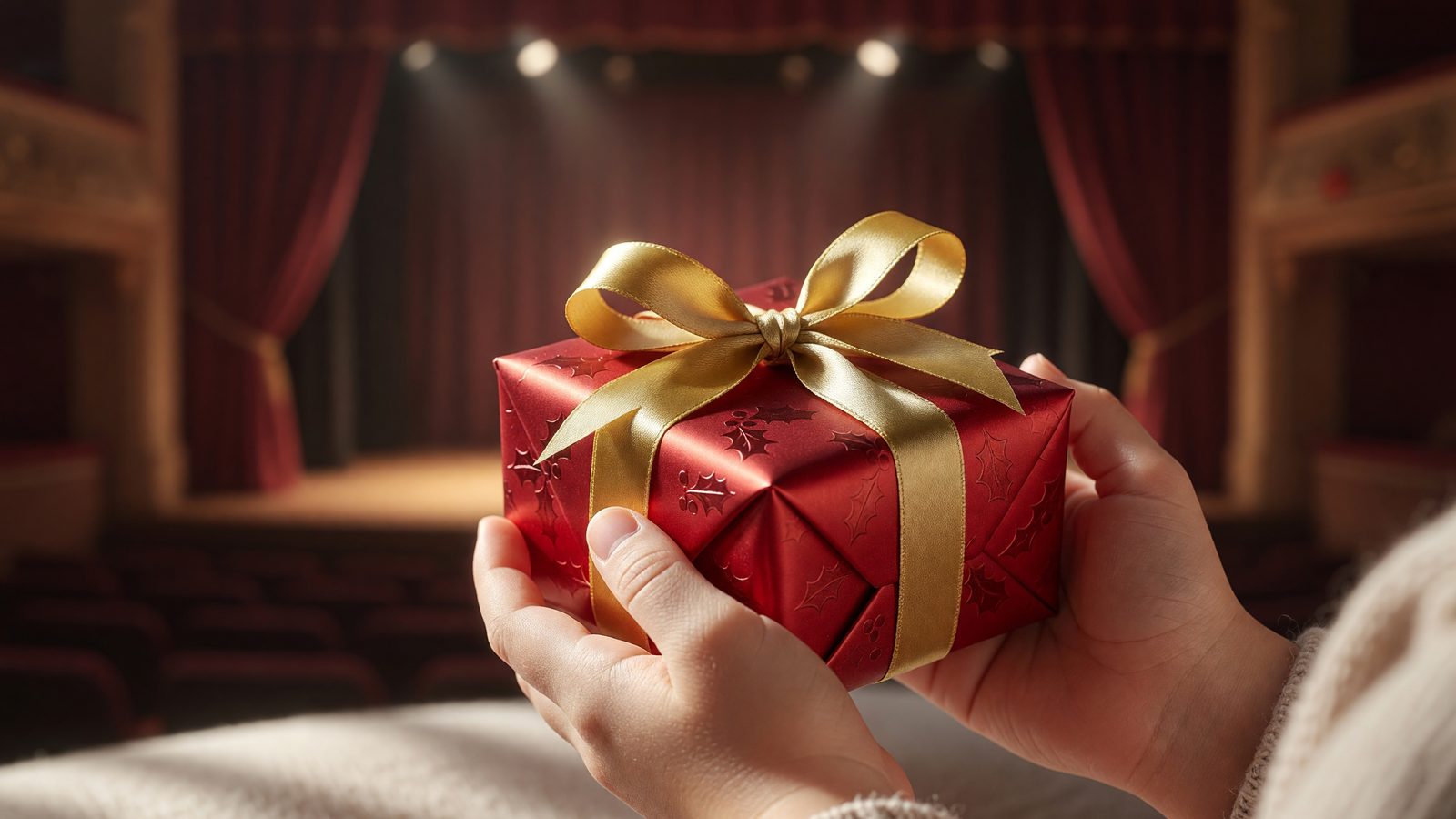 Mains d'un enfant tenant un petit cadeau de Noël emballé, dans l'ambiance chaleureuse d'un spectacle de fêtes