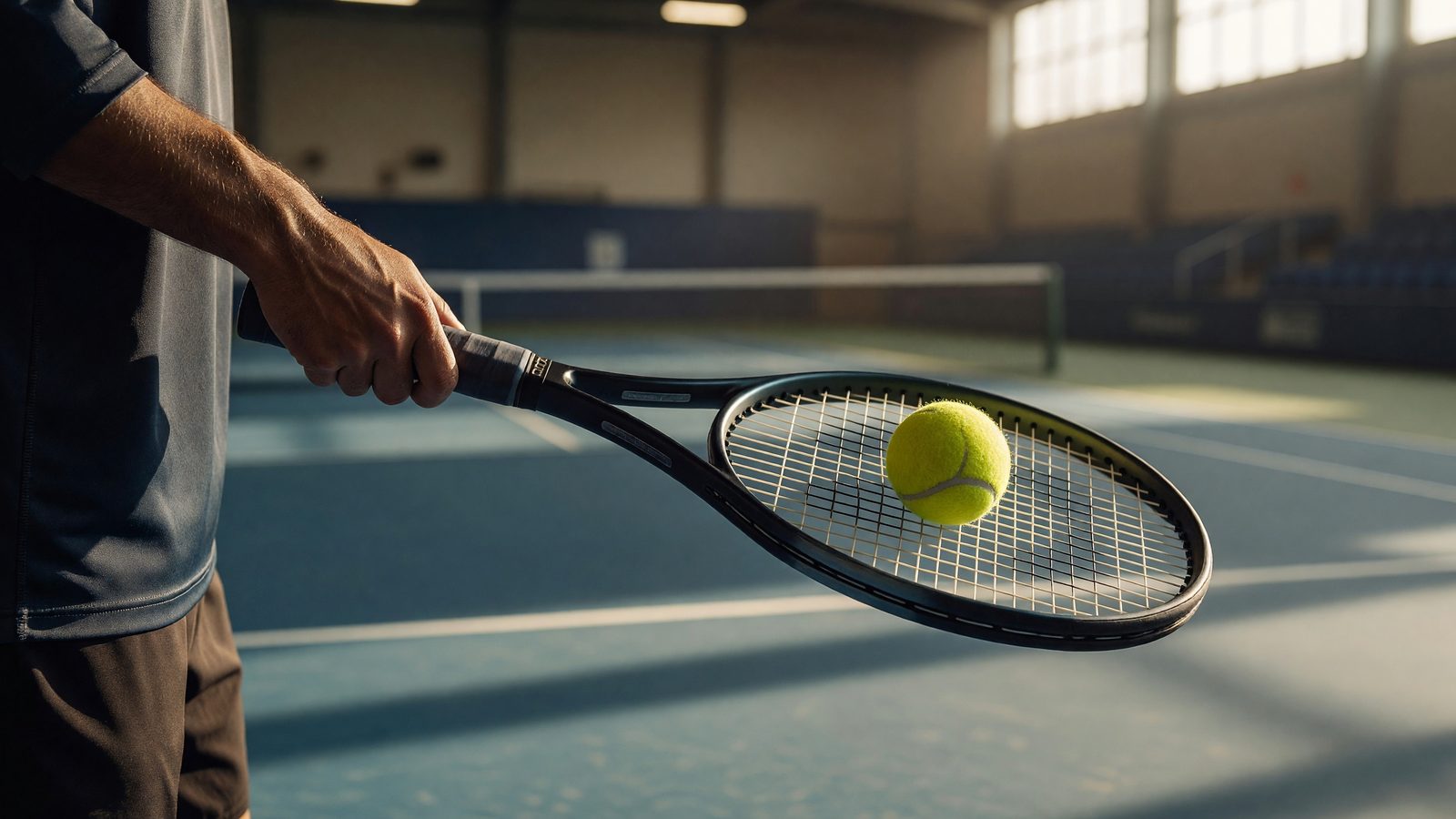 Une main tenant une raquette de tennis avec une balle jaune sur un court indoor, en lumière du jour