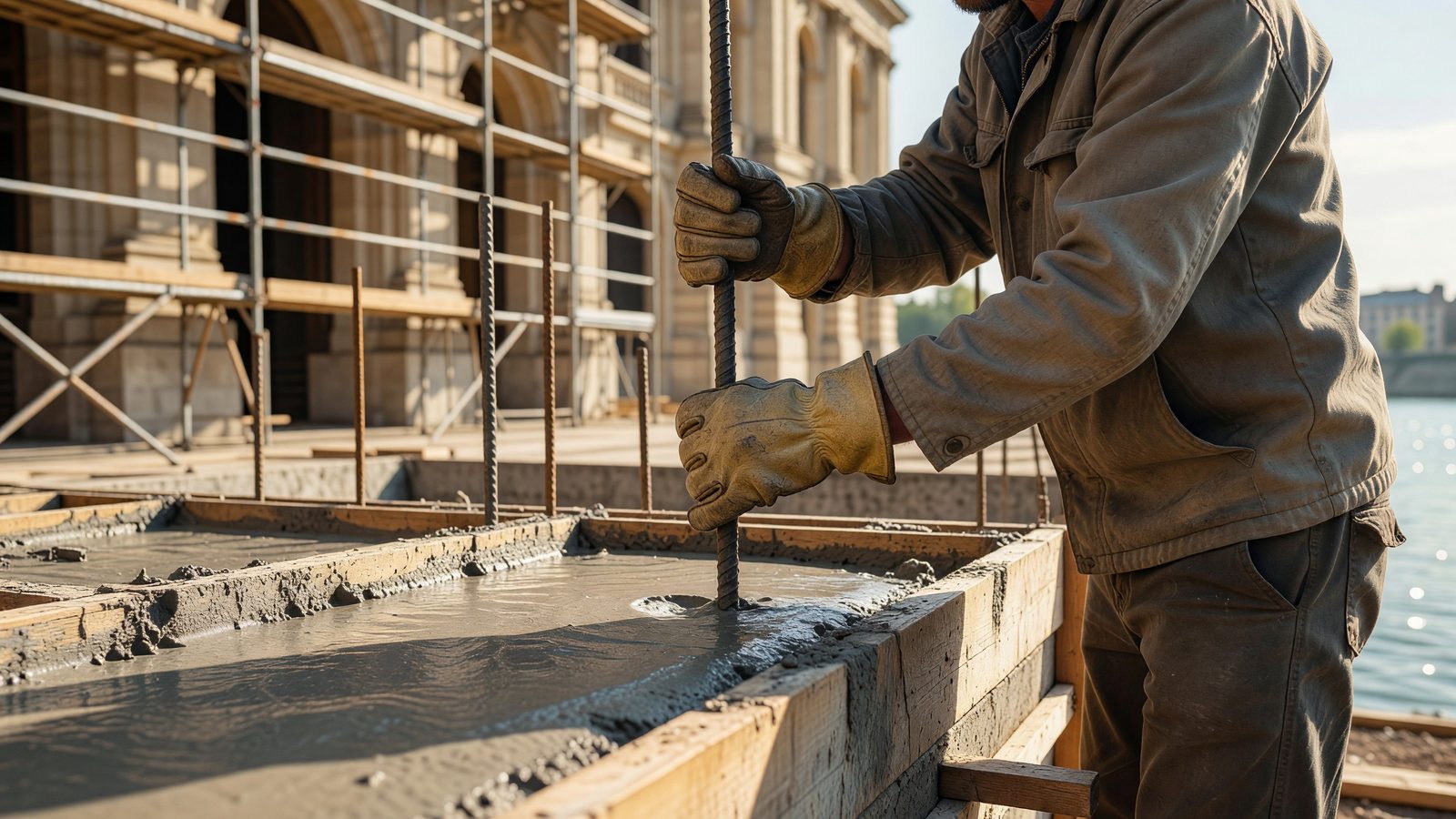 Des mains gantées guident une armature métallique dans du béton frais sur le chantier de rénovation de l'Opéra-Théâtre de Metz