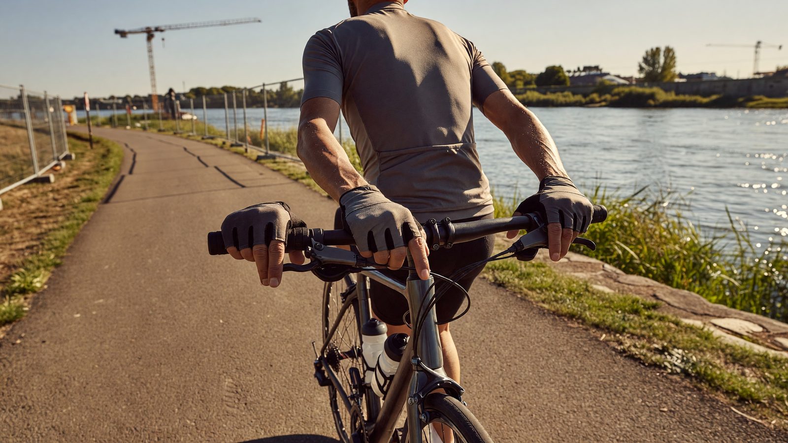Mains d'un cycliste sur le guidon, roulant le long de la Moselle près du chantier de la future passerelle Wadrineau à Metz