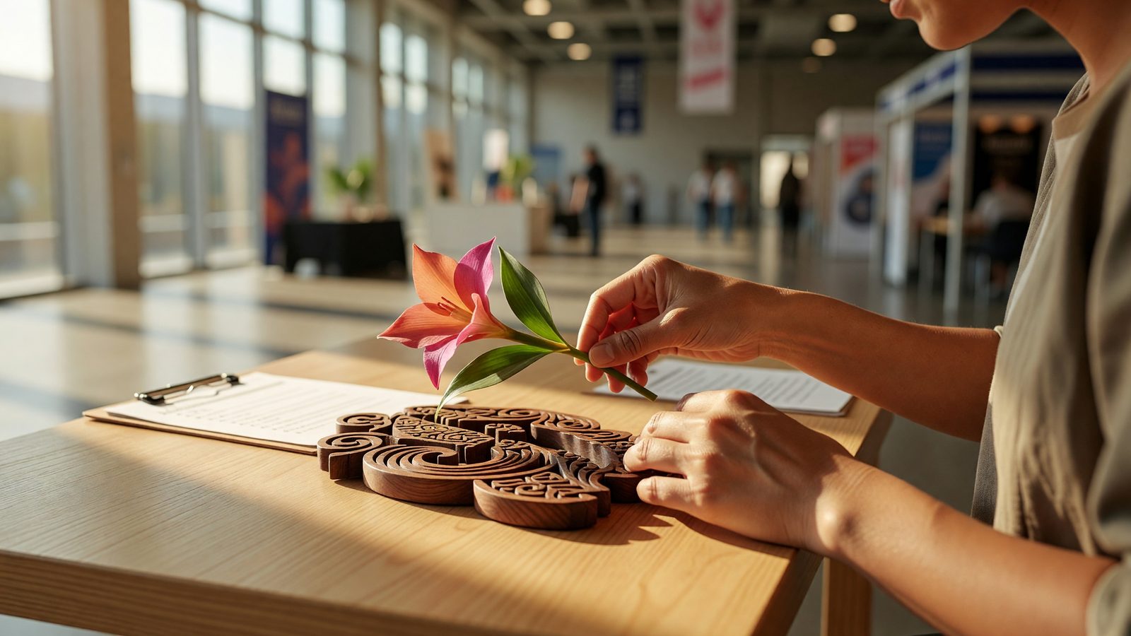 Gros plan sur une main disposant une décoration florale et du bois flotté sur un stand, dans la lumière du jour d'un hall d'exposition.