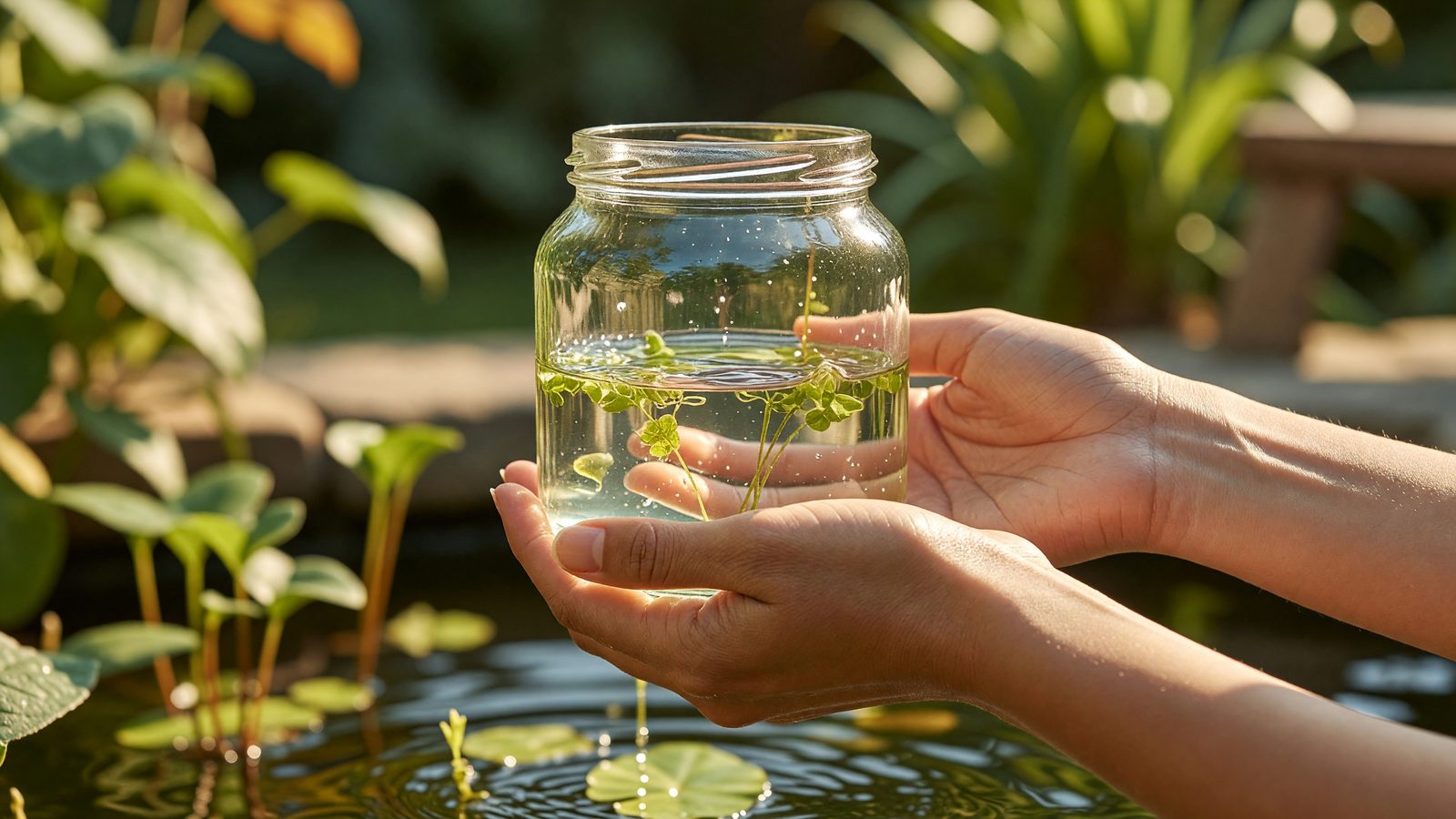 Des mains tiennent un bocal d'eau prélevée dans une mare du Jardin Botanique de Metz, en pleine lumière du jour.