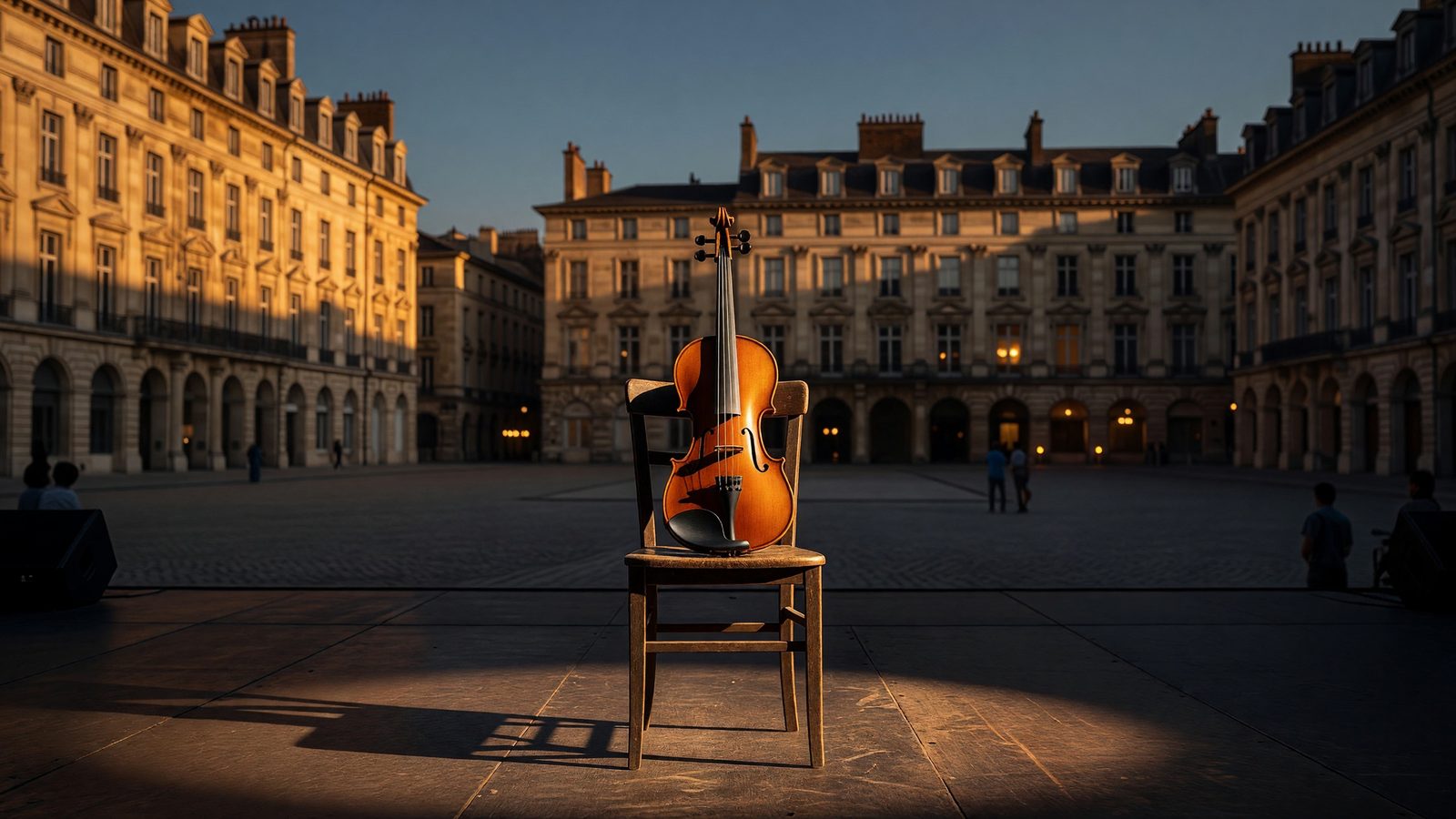 Un violon posé sur une chaise, sur une scène en plein air au crépuscule à Metz