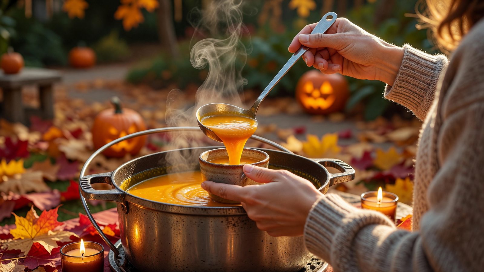 Des mains servent une soupe de courge fumante à la lueur des bougies lors d'une soirée d'automne au jardin