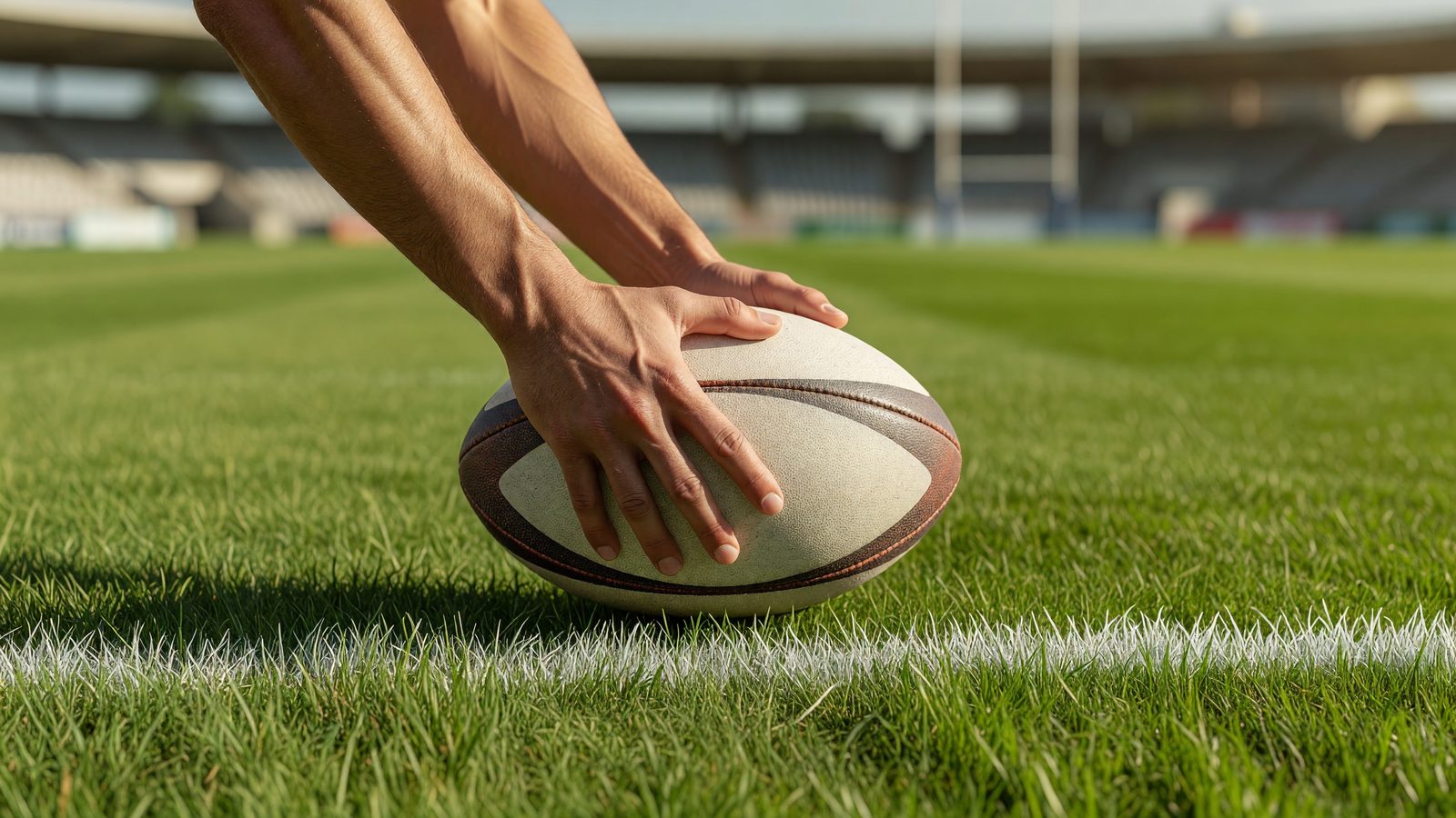 Des mains tenant un ballon de rugby ovale posé sur la pelouse verte d'un stade, en lumière du jour