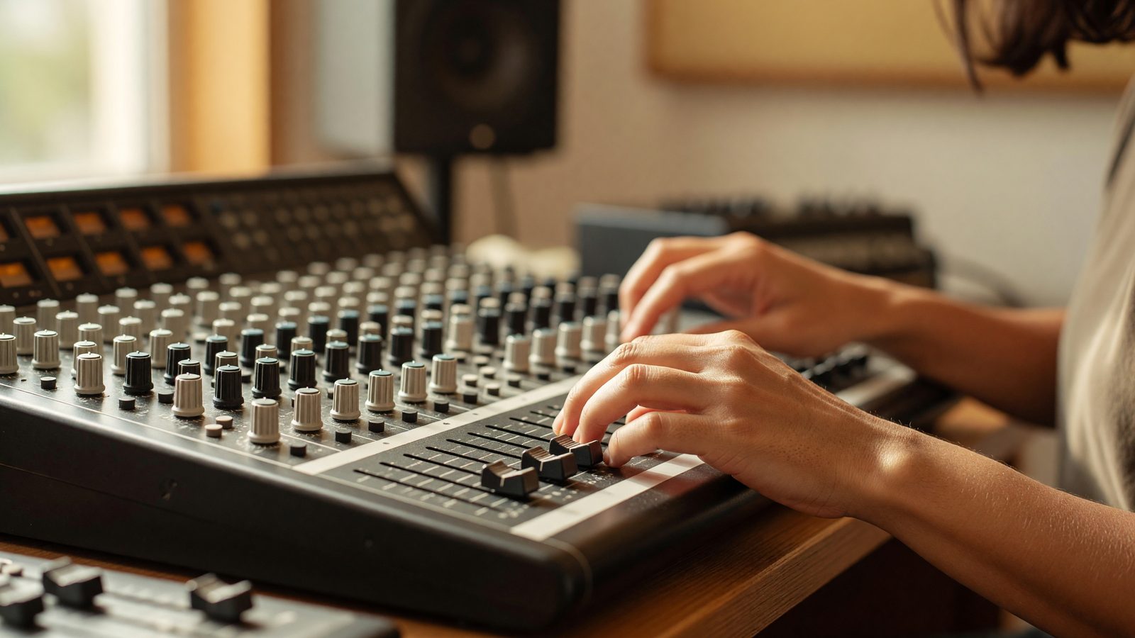 Des mains réglant une console de mixage dans un studio d'enregistrement, en lumière du jour