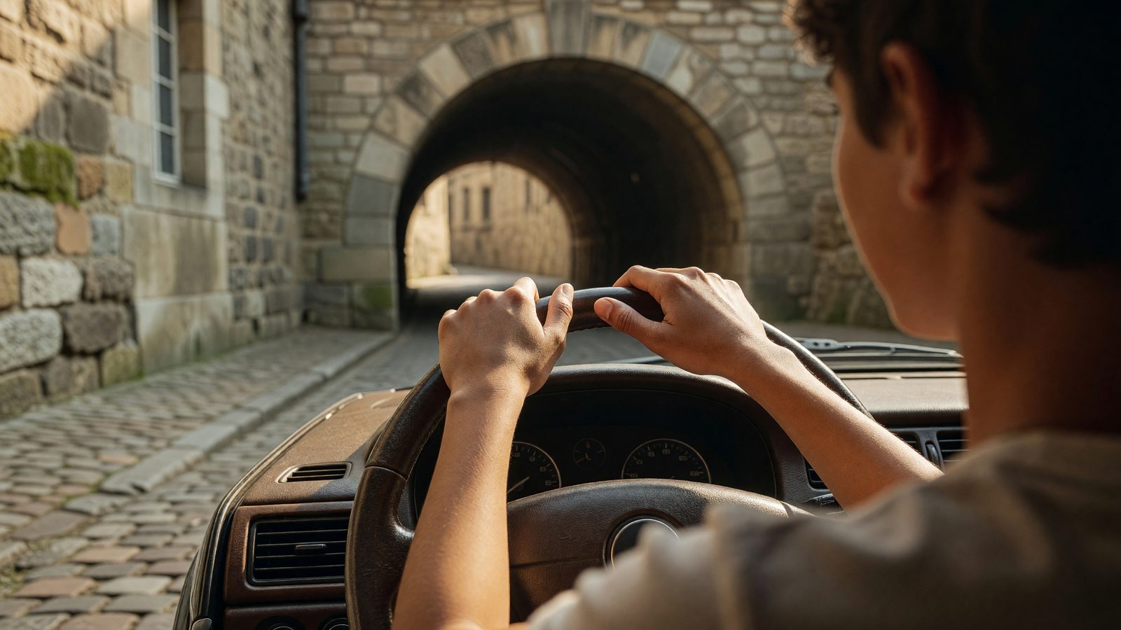 Gros plan sur des mains posées sur le volant d'une voiture, à l'entrée d'un tunnel en pierre à Metz, lumière du matin.